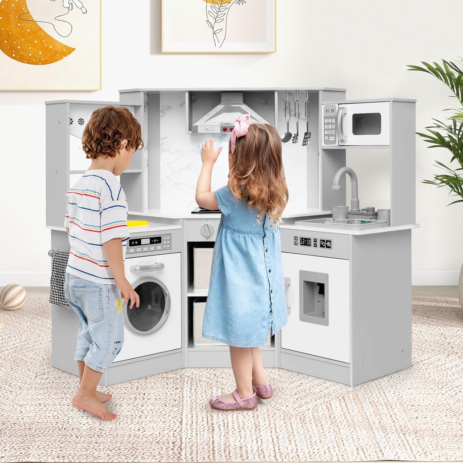 INFANS Kids Kitchen Playset with Real Running Water. Ultimate Wooden Corner Pretend Cooking Set with Simulation Light Sound Stove Storage Cabinet. Play Toy Gift