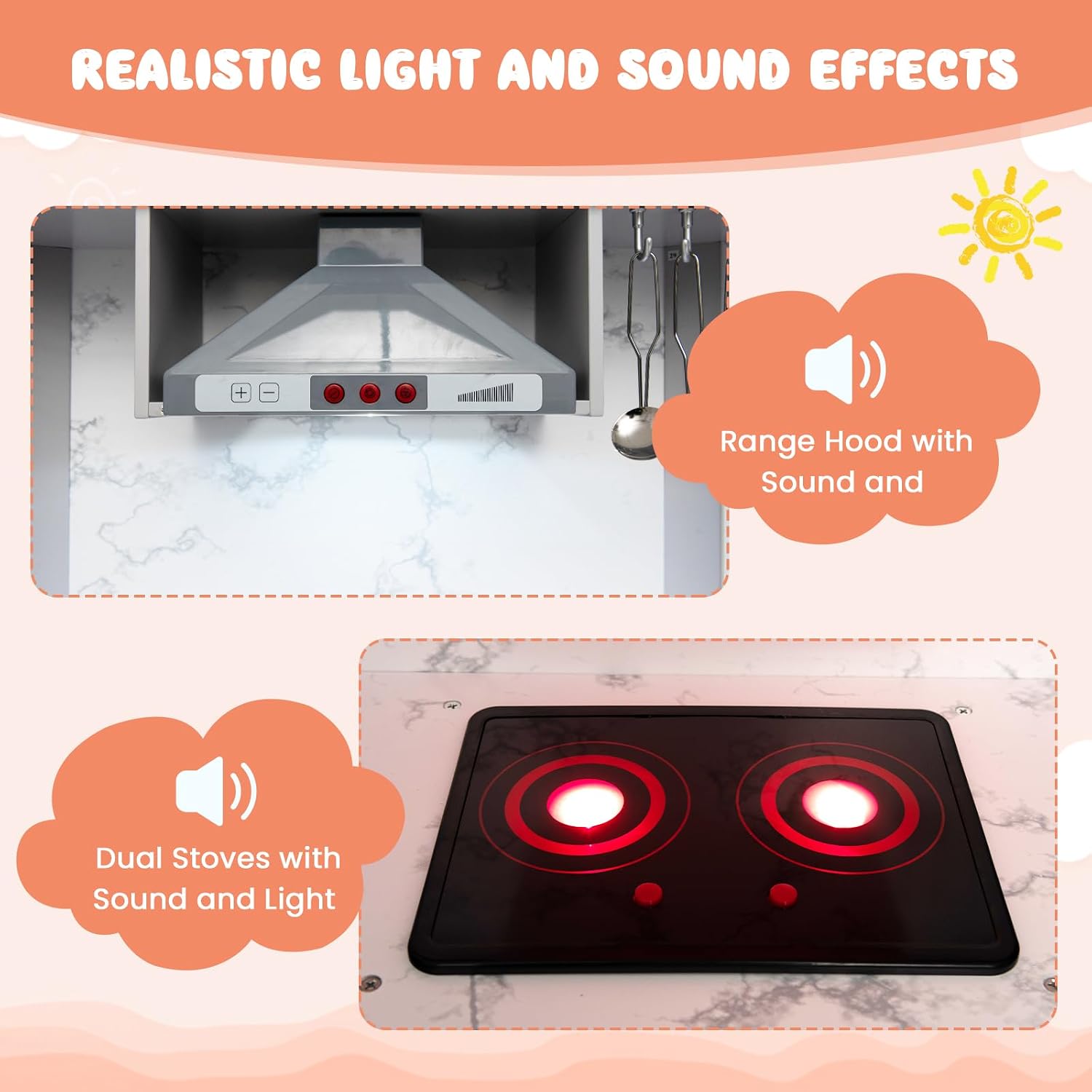 INFANS Kids Kitchen Playset with Real Running Water. Ultimate Wooden Corner Pretend Cooking Set with Simulation Light Sound Stove Storage Cabinet. Play Toy Gift