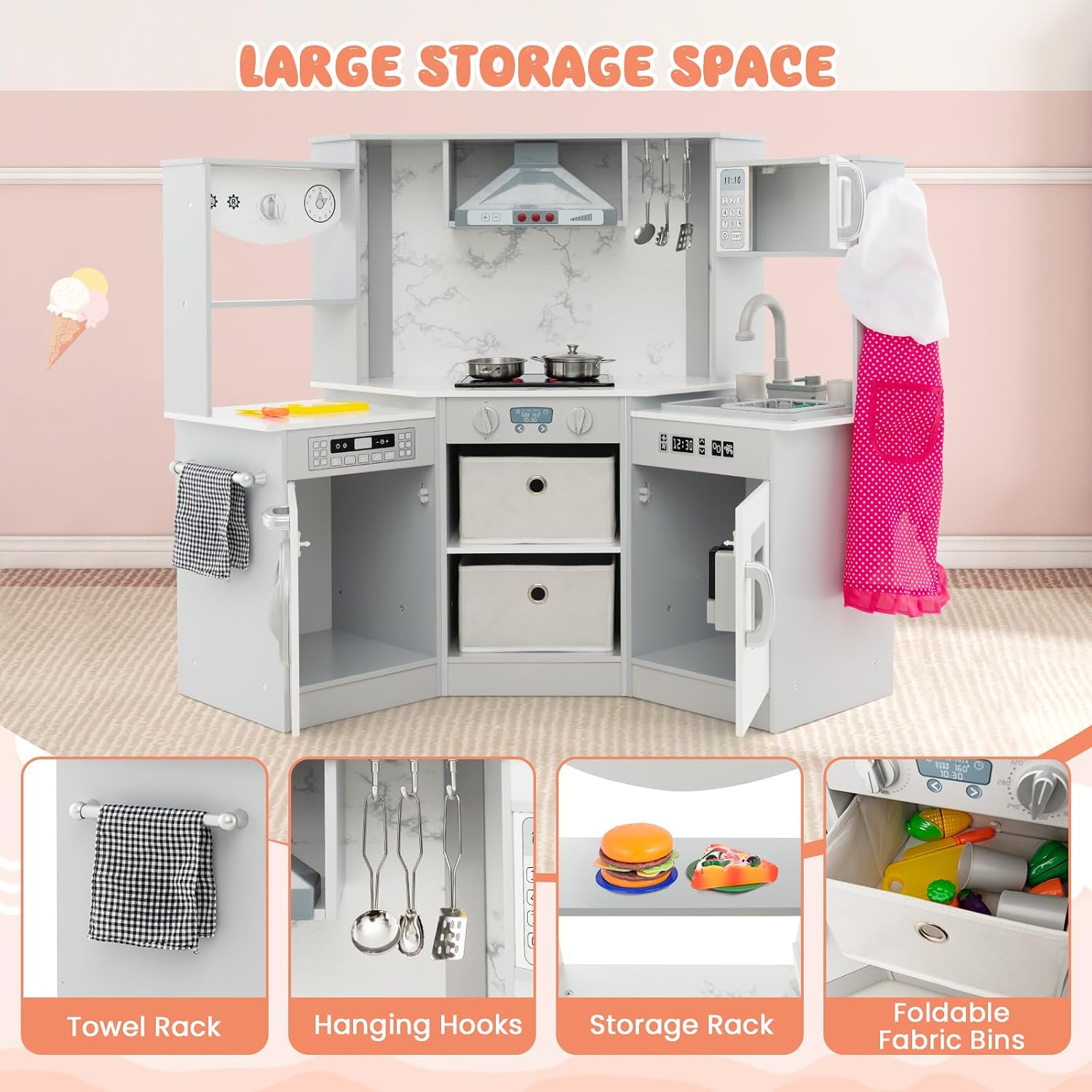 INFANS Kids Kitchen Playset with Real Running Water. Ultimate Wooden Corner Pretend Cooking Set with Simulation Light Sound Stove Storage Cabinet. Play Toy Gift
