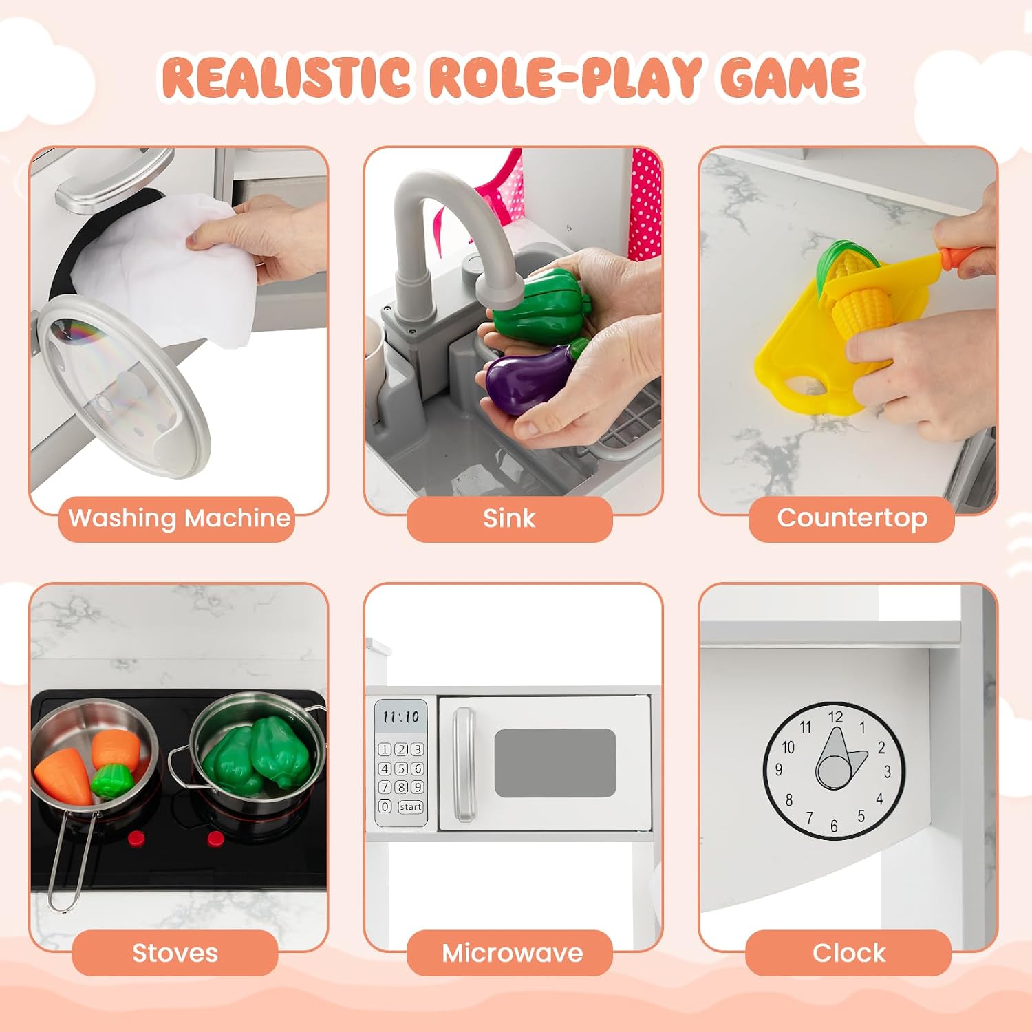 INFANS Kids Kitchen Playset with Real Running Water. Ultimate Wooden Corner Pretend Cooking Set with Simulation Light Sound Stove Storage Cabinet. Play Toy Gift