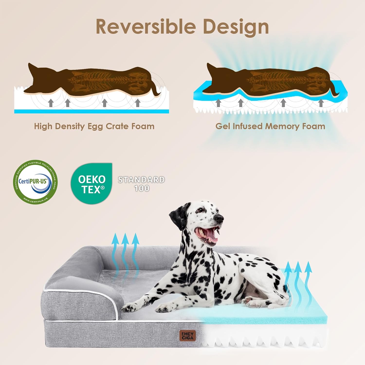 EHEYCIGA Orthopedic Extra Large Dog Bed. Waterproof Washable XL Pet Bed 44 | Non-Slip Bottom and Egg-Crate Polyurethane Foam Big Dog Couch Bed with Washable Removable Cover. Grey