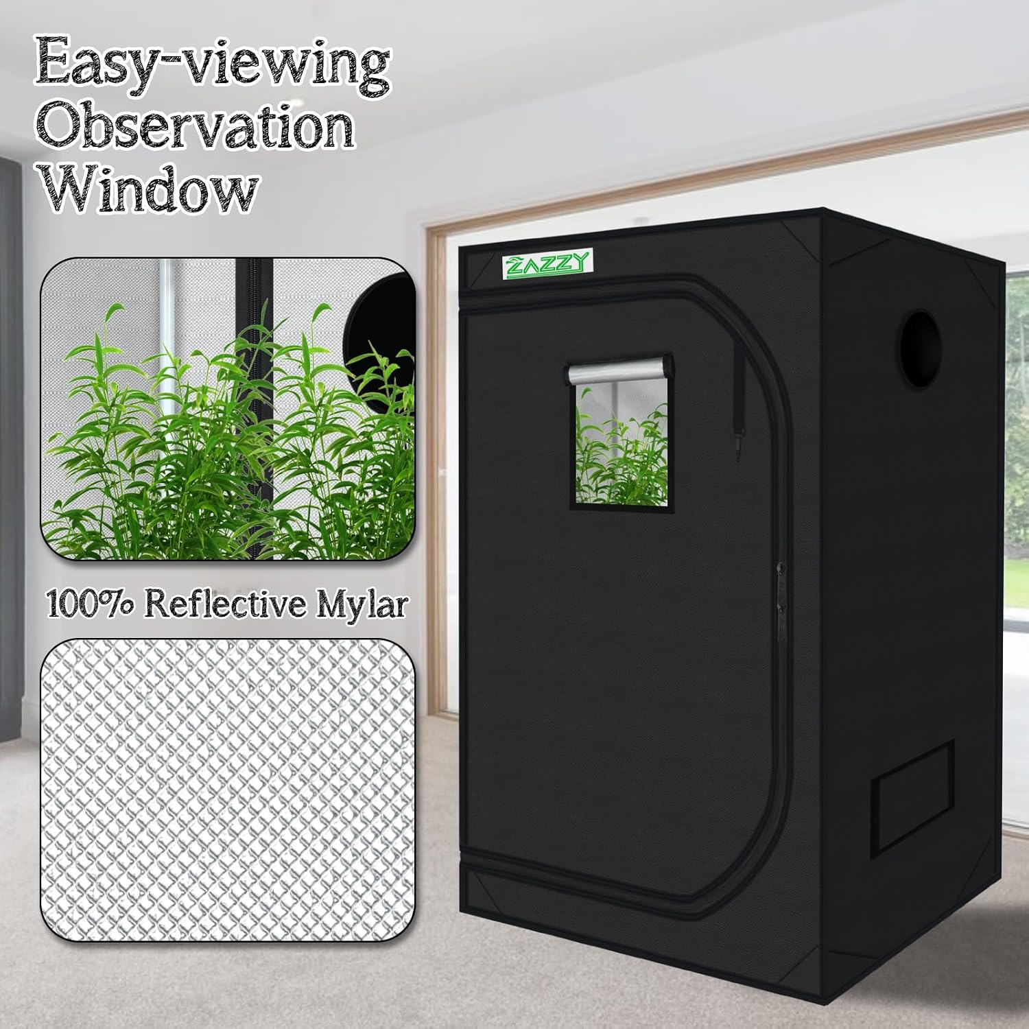 zazzy 4x4 Grow Tent. 48x48x78 600D Mylar Growing Tents for Indoor Plant | 100% Reflective Mylar Interior. Easy-view Window.Heavy-Duty Zippers. Sturdy Frame.Removable Floor Tray for Indoor Plant