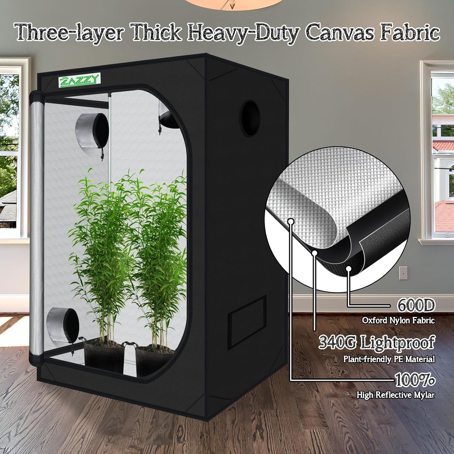 zazzy 4x4 Grow Tent. 48x48x78 600D Mylar Growing Tents for Indoor Plant | 100% Reflective Mylar Interior. Easy-view Window.Heavy-Duty Zippers. Sturdy Frame.Removable Floor Tray for Indoor Plant