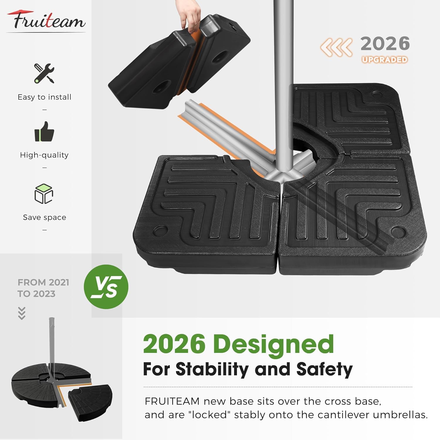 FRUITEAM 4-Piece 180lbs Capacity Heavy-Duty Cantilever Offset Patio Umbrella Stand Square Base.Filled with Water or Sand for Garden. Outdoor and Poolside-Black