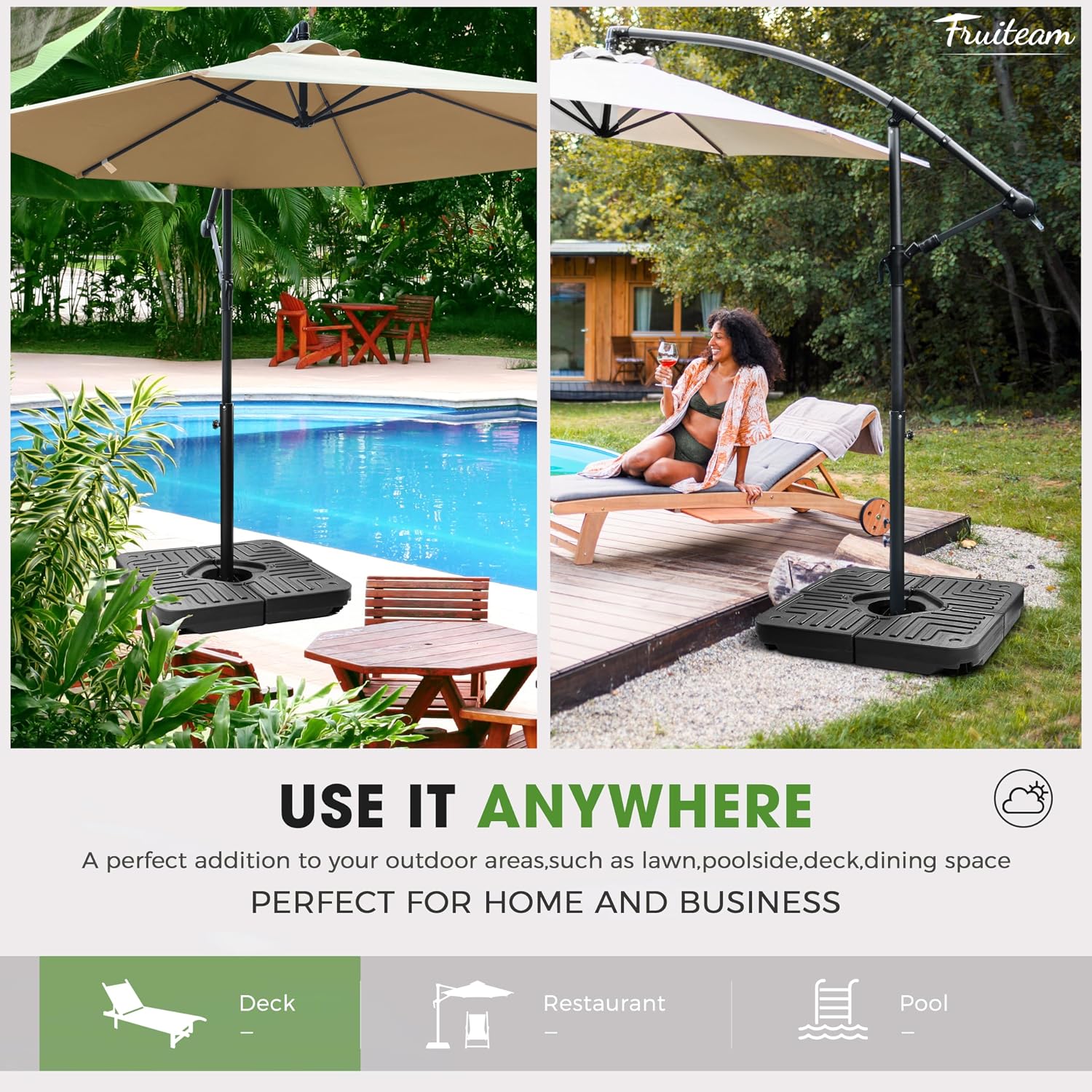 FRUITEAM 4-Piece 180lbs Capacity Heavy-Duty Cantilever Offset Patio Umbrella Stand Square Base.Filled with Water or Sand for Garden. Outdoor and Poolside-Black