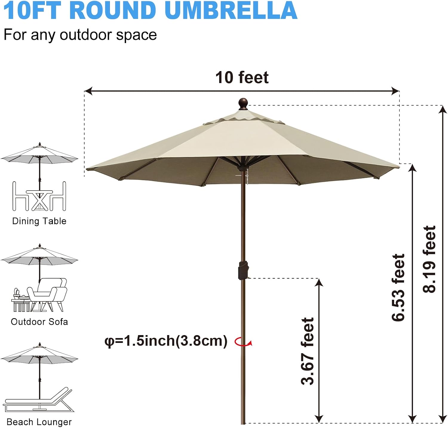 Eurmax USA 10-Year-Non-Fading 10FT Outdoor Patio Market Umbrella.UPF50+ UV Resistant Sun Shade.Heavy Duty Commercial Grade.Crank Lift Design.Windproof Vented Top for Garden.Pool.Deck.Antique Beige