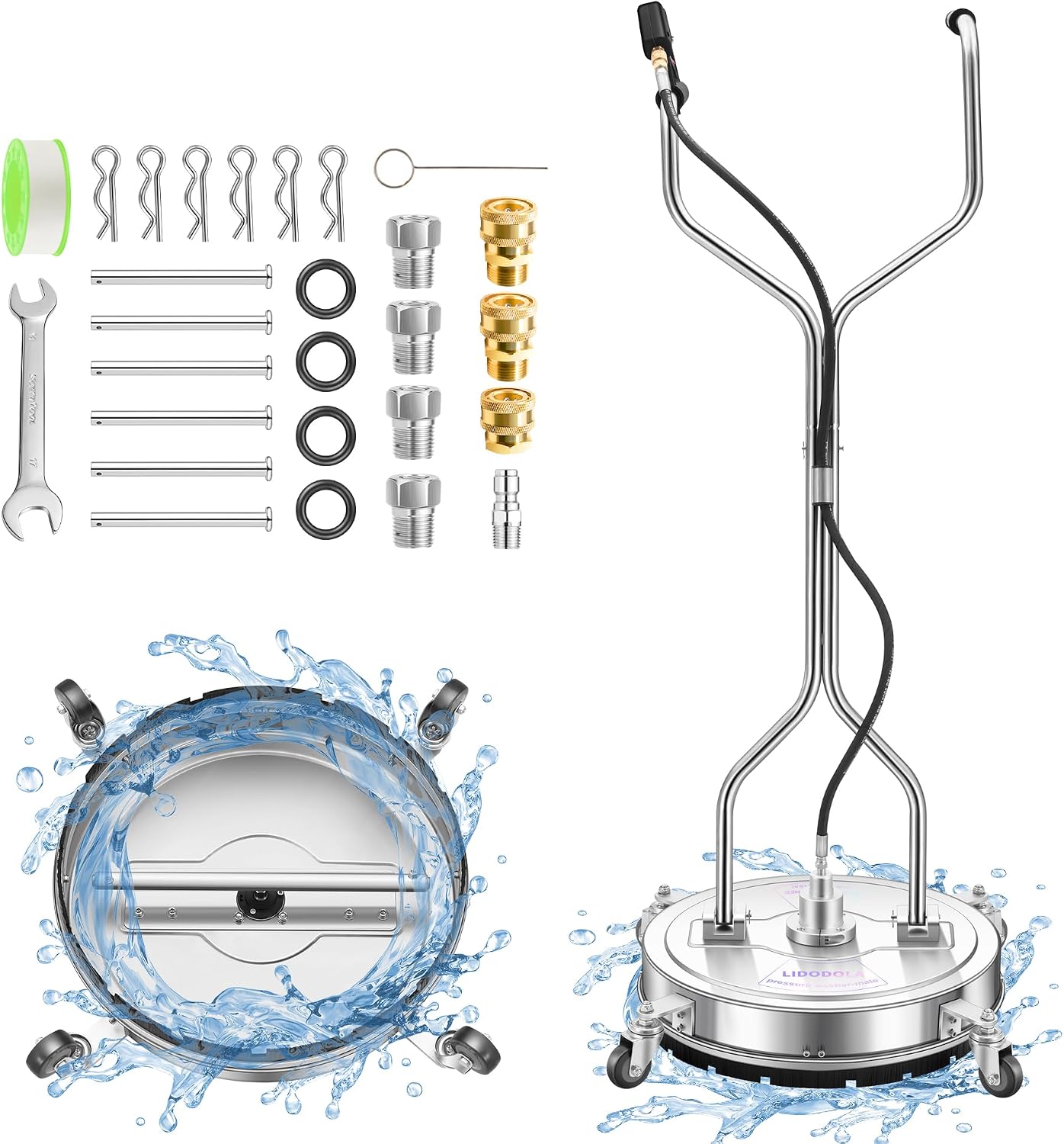 LidoDola 20'' Pressure Washer Surface Cleaner. Power Washer Accessory | Stainless Steel Body. Dual Handles. 4 Replacement Nozzles. Ideal for driveways. decks & patios—clean effortlessly