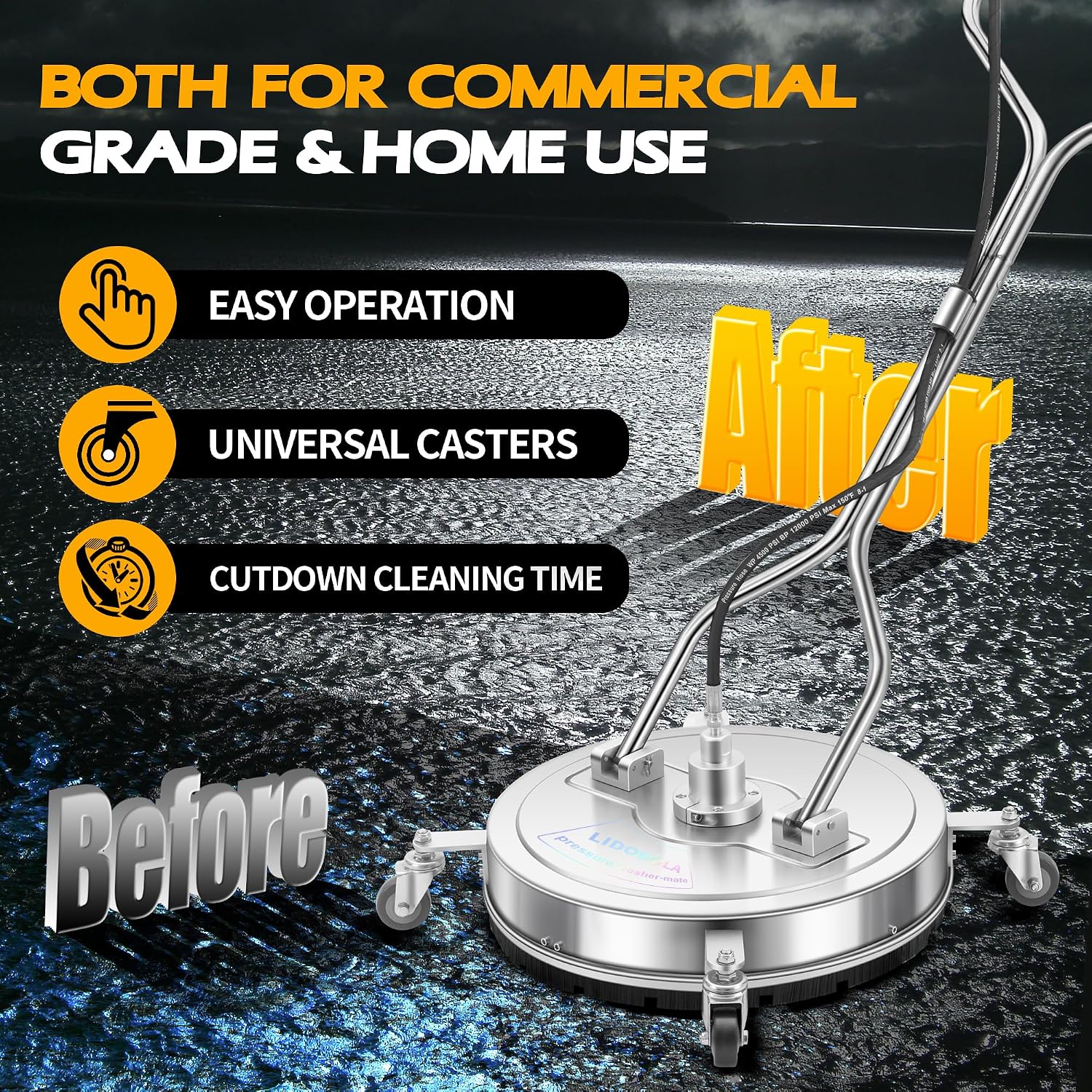 LidoDola 20'' Pressure Washer Surface Cleaner. Power Washer Accessory | Stainless Steel Body. Dual Handles. 4 Replacement Nozzles. Ideal for driveways. decks & patios—clean effortlessly