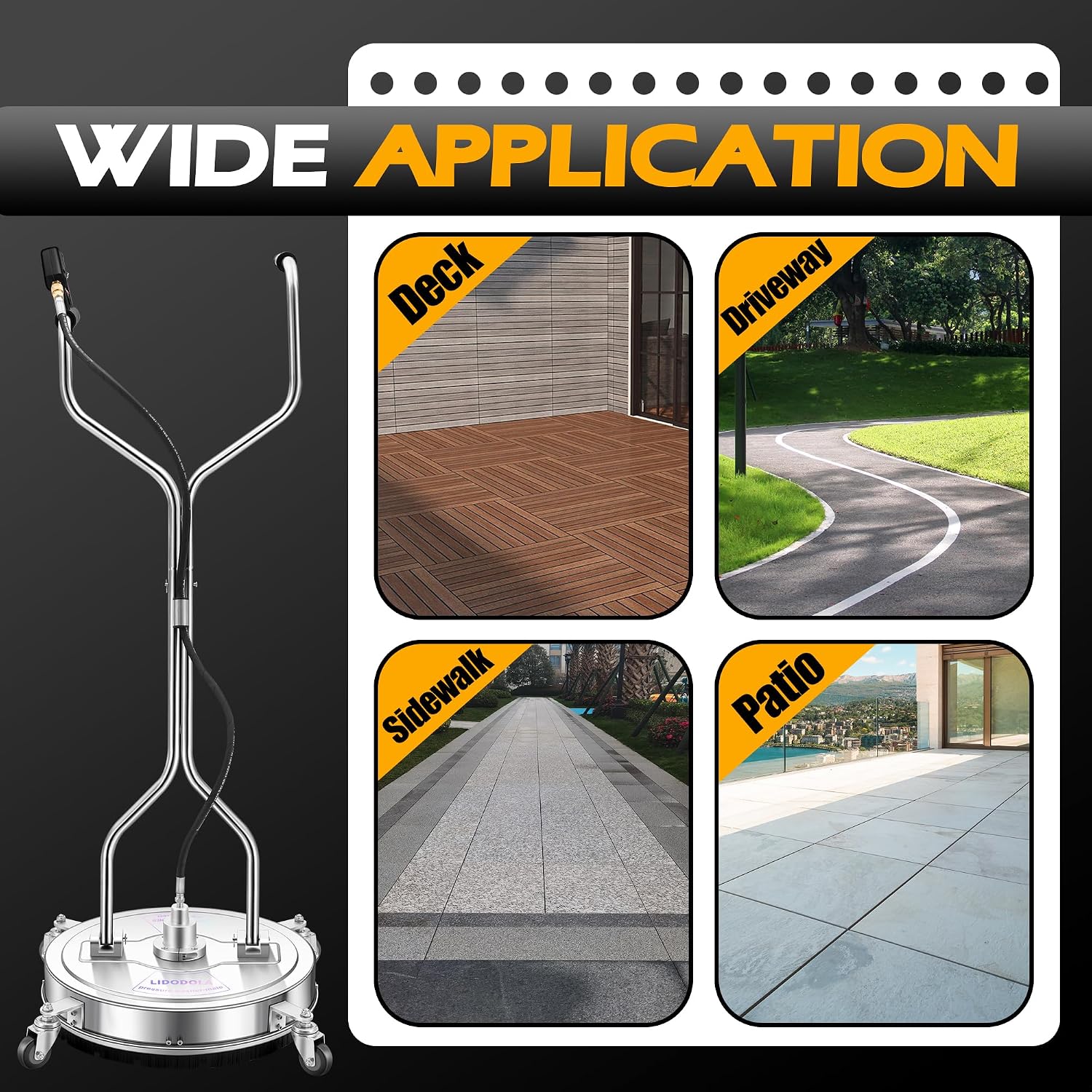 LidoDola 20'' Pressure Washer Surface Cleaner. Power Washer Accessory | Stainless Steel Body. Dual Handles. 4 Replacement Nozzles. Ideal for driveways. decks & patios—clean effortlessly
