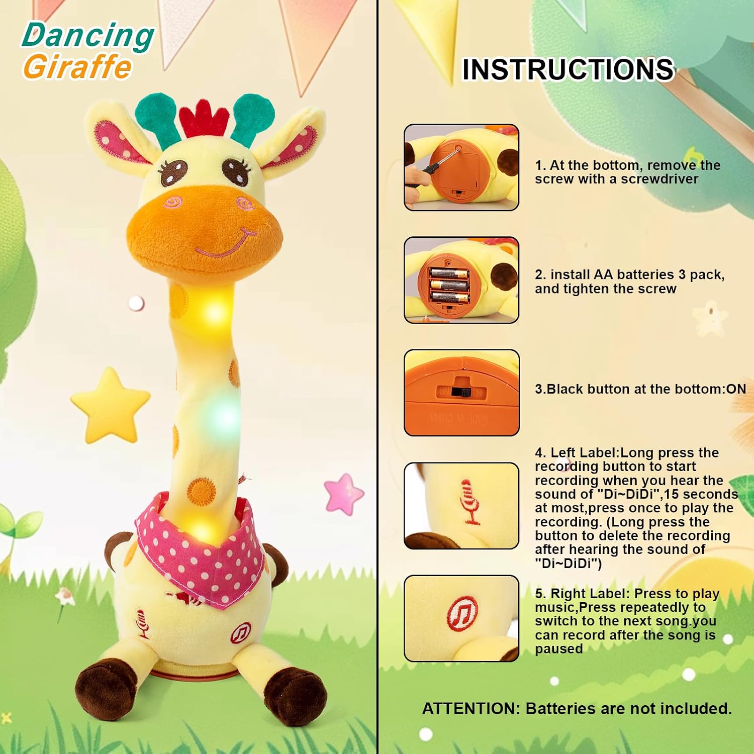 Emoin Dancing Giraffe Toy. Tanlking Giraffe Toys Musical Mimicking Toy. Singing 10 Pcs Songs for Baby Boys Girls. Repeating What You Say. Sing+Dancing+Recording+LED | Singing 10 Songs for Baby Boys Girls. Repeating What You Say. Dancing Recording LED