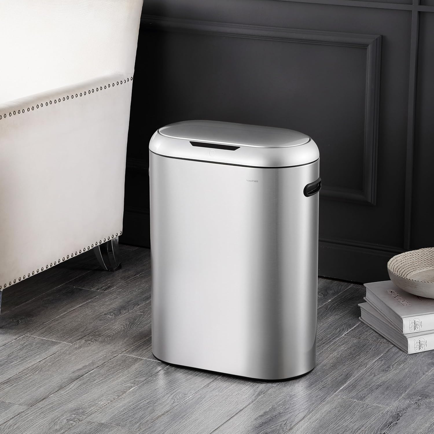 happimess 13.2 Gal Oval Motion Sensor Trash Can. Platinum Silver | Oval. Motion Sensor. Touch Mode. Fingerprint Resistant. Stainless Steel. Soft Close Lid. 17.7 W x 9.84 D x 24.2 H