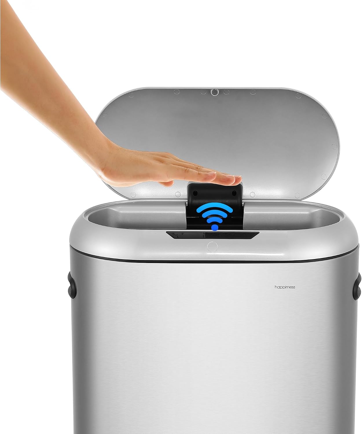 happimess 13.2 Gal Oval Motion Sensor Trash Can. Platinum Silver | Oval. Motion Sensor. Touch Mode. Fingerprint Resistant. Stainless Steel. Soft Close Lid. 17.7 W x 9.84 D x 24.2 H