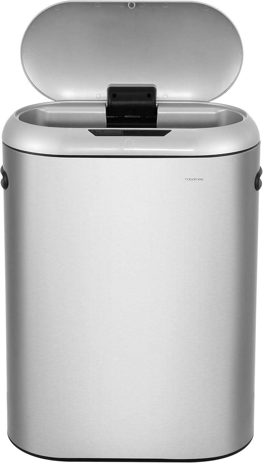 happimess 13.2 Gal Oval Motion Sensor Trash Can. Platinum Silver | Oval. Motion Sensor. Touch Mode. Fingerprint Resistant. Stainless Steel. Soft Close Lid. 17.7 W x 9.84 D x 24.2 H