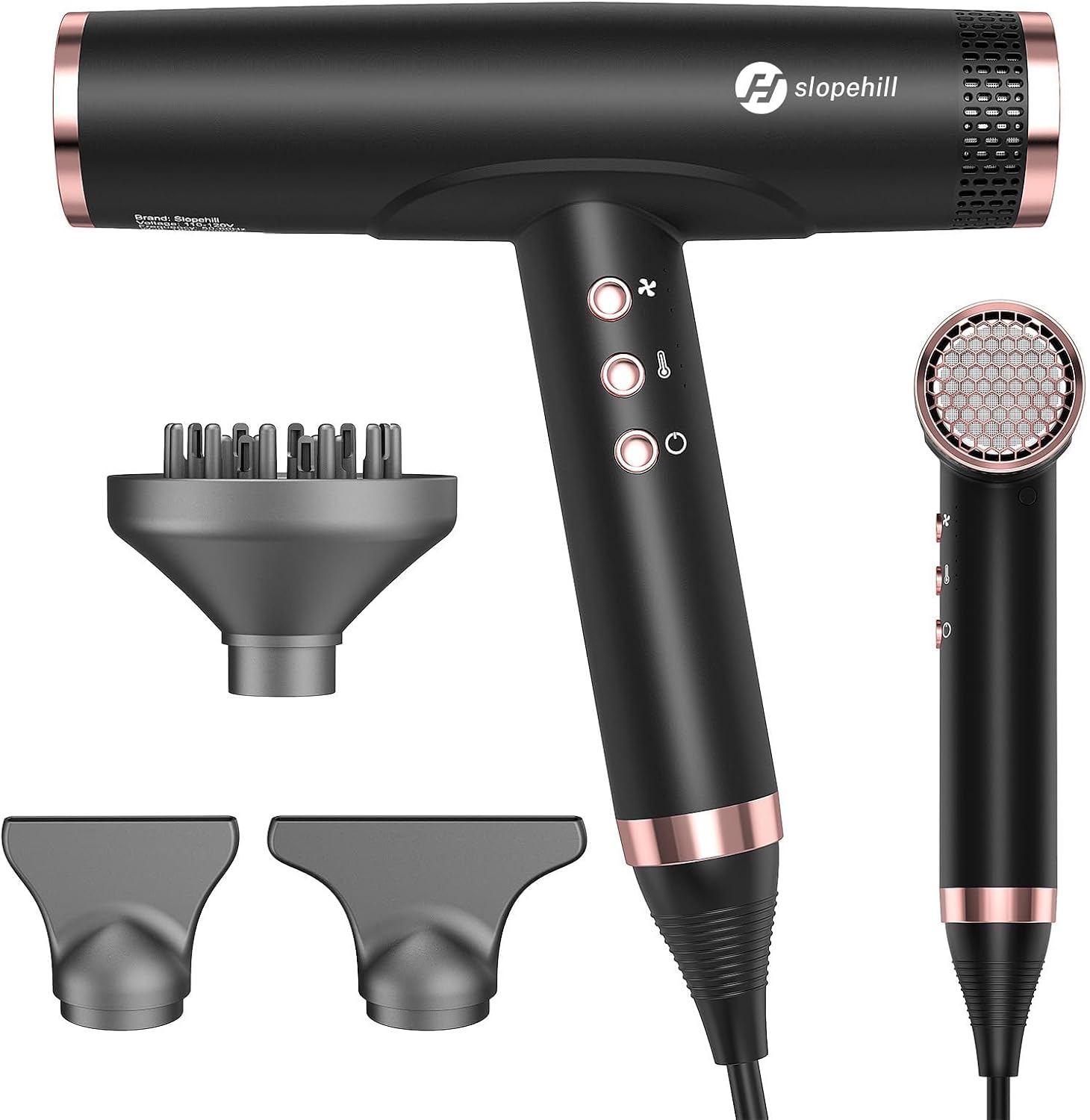 slopehill Professional Ionic Hair Dryer with Diffuser - Lightweight. Compact. Powerful & Fast Salon Blow Dryer with High Speed Brushless Motor for Travel. Women & Men Ceramic. Black