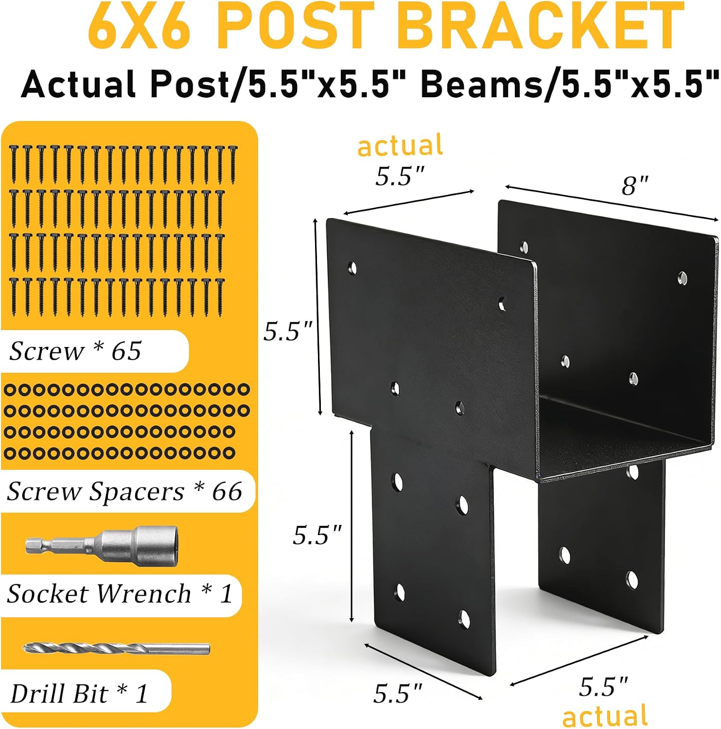 6x6 ( 5.5x5.5) Post Brackets Kit. 4 Pack Heavy-Duty Post Caps Tie Bracket | Brackets for Wood Posts Beam Support. Gazebo Pergola Deck Porch Wood Connections Steel Brackets