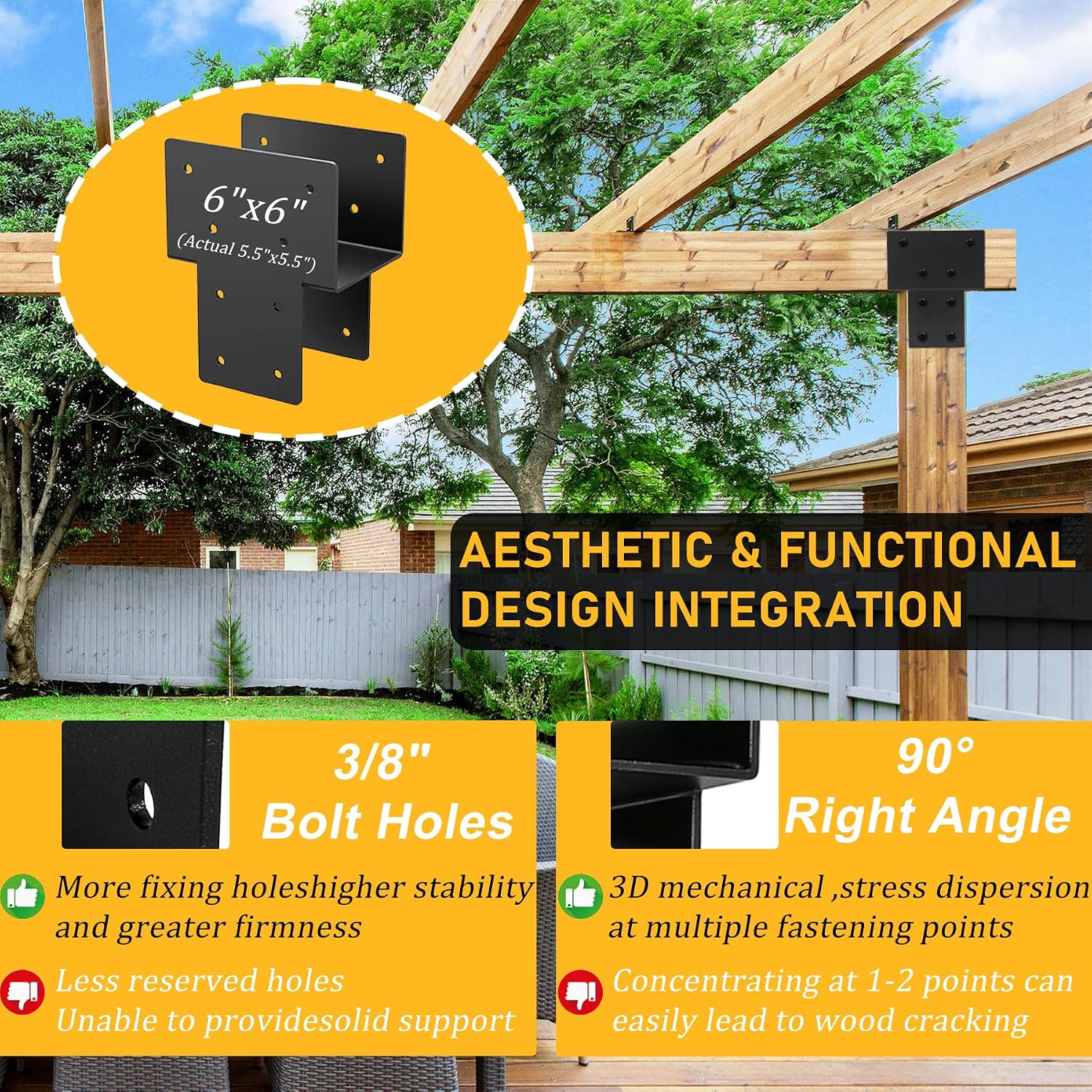 6x6 ( 5.5x5.5) Post Brackets Kit. 4 Pack Heavy-Duty Post Caps Tie Bracket | Brackets for Wood Posts Beam Support. Gazebo Pergola Deck Porch Wood Connections Steel Brackets