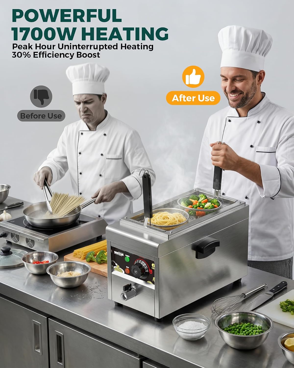 WantJoin Commercial Pasta Cooker - Electric Pasta Cooker with 2 Noodle Strainers. Precision Temp Control 86°F to 230°F. Cooking Machine w/Drain Valve for Spaghetti Ramen. Noodles and Vegetables