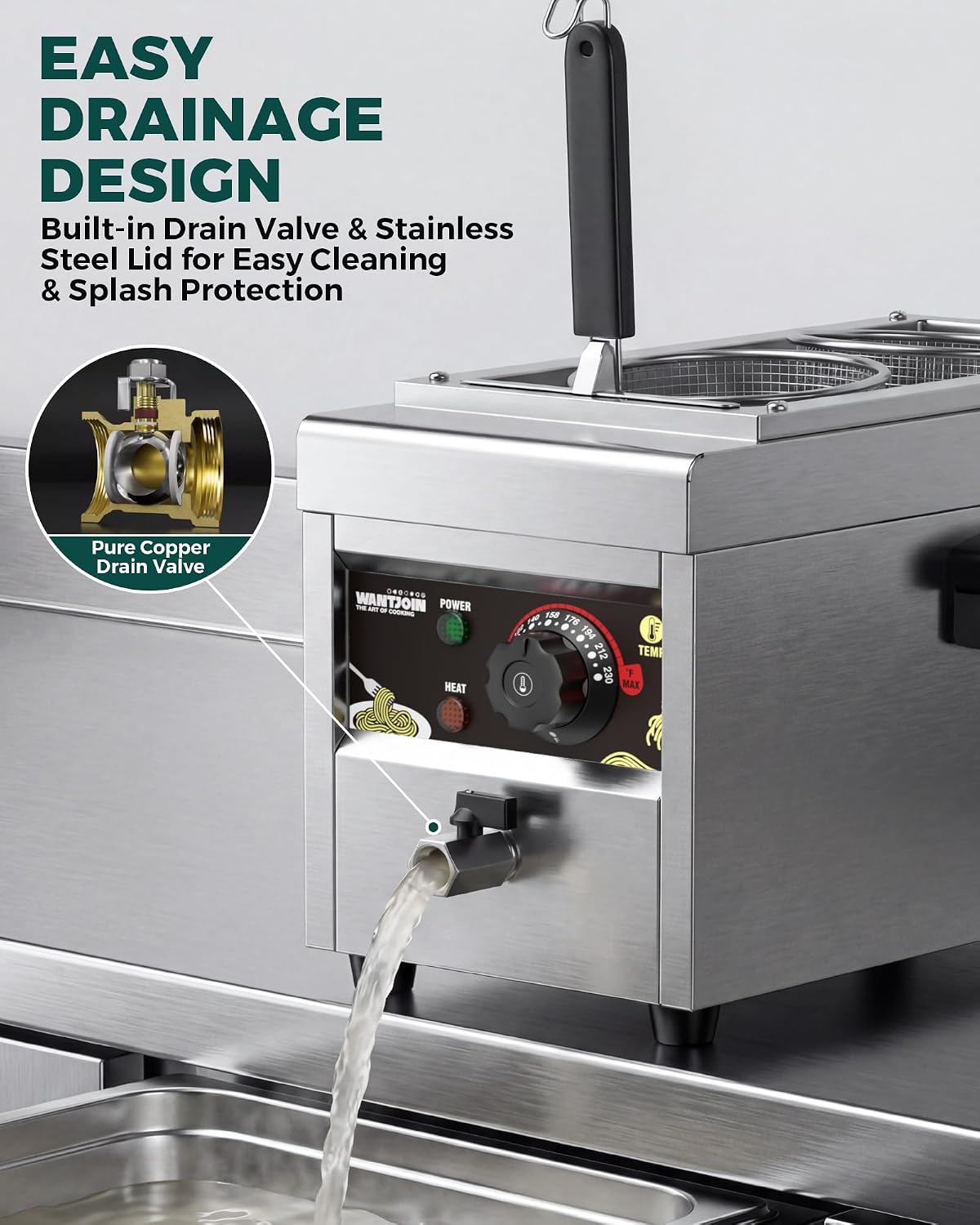 WantJoin Commercial Pasta Cooker - Electric Pasta Cooker with 2 Noodle Strainers. Precision Temp Control 86°F to 230°F. Cooking Machine w/Drain Valve for Spaghetti Ramen. Noodles and Vegetables