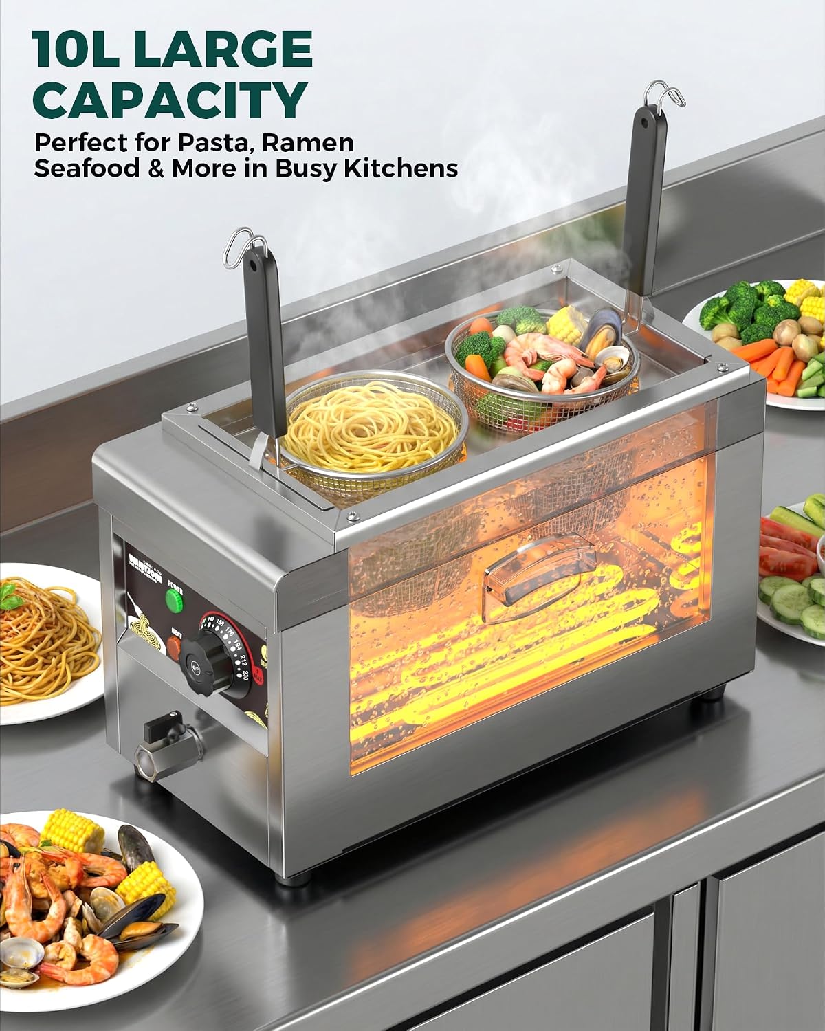 WantJoin Commercial Pasta Cooker - Electric Pasta Cooker with 2 Noodle Strainers. Precision Temp Control 86°F to 230°F. Cooking Machine w/Drain Valve for Spaghetti Ramen. Noodles and Vegetables