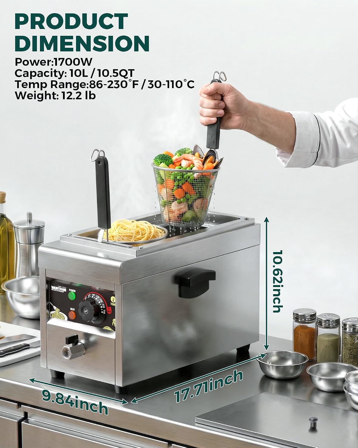 WantJoin Commercial Pasta Cooker - Electric Pasta Cooker with 2 Noodle Strainers. Precision Temp Control 86°F to 230°F. Cooking Machine w/Drain Valve for Spaghetti Ramen. Noodles and Vegetables