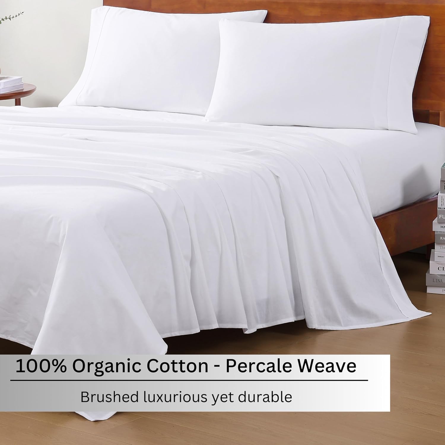 LANE LINEN Full Size Sheet Set 100% Organic Cotton Soft 8pc Percale - White | Full Sheet Set. 100% Organic Cotton Percale - Easy-Care Machine Washable. Breathable
