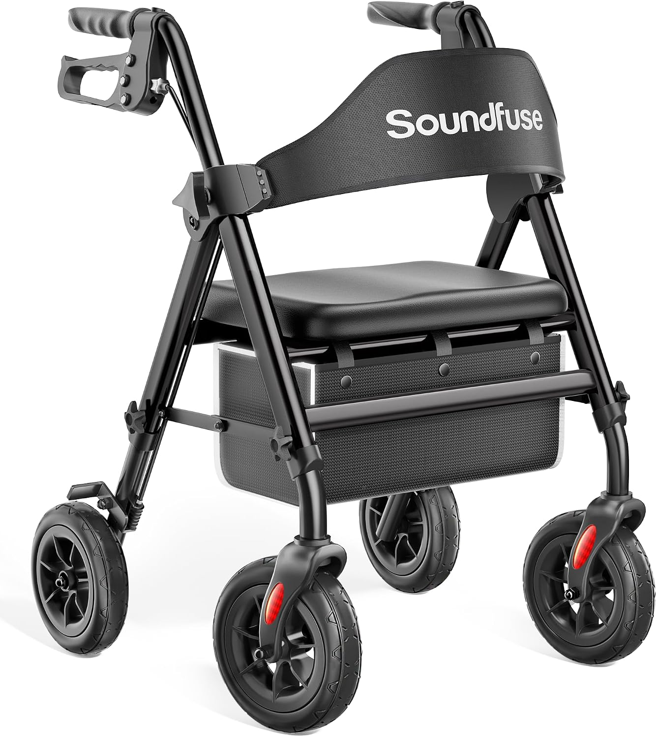 soundfuse Foldable Rollator Walkers for Seniors with Seat. 8'' PU Wheels | Ergonomic Padded Seat. Lightweight Aluminum Frame. Dual Height Adjustable. Rolling Walker with Big Storage Bag for Daily Use