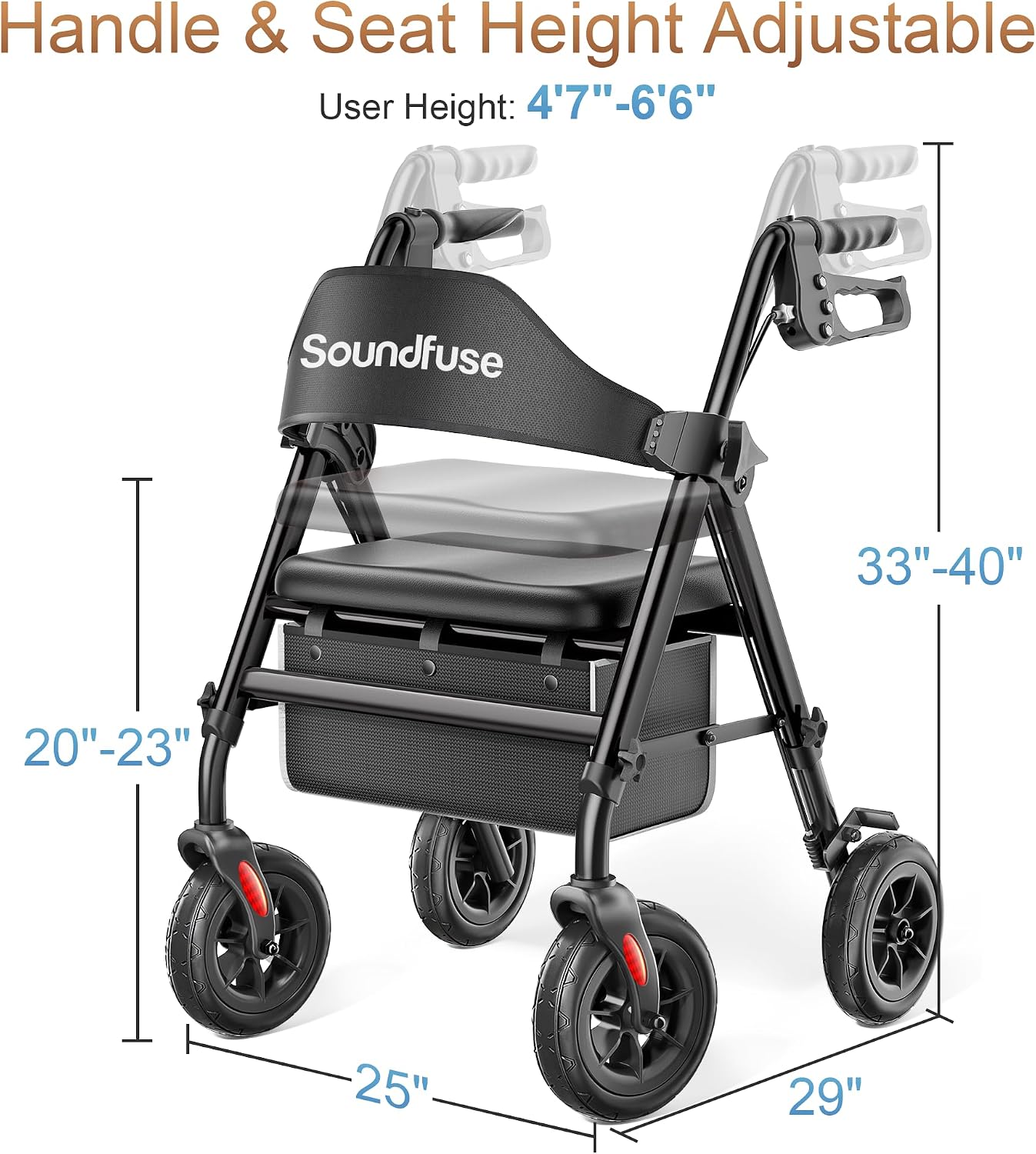 soundfuse Foldable Rollator Walkers for Seniors with Seat. 8'' PU Wheels | Ergonomic Padded Seat. Lightweight Aluminum Frame. Dual Height Adjustable. Rolling Walker with Big Storage Bag for Daily Use