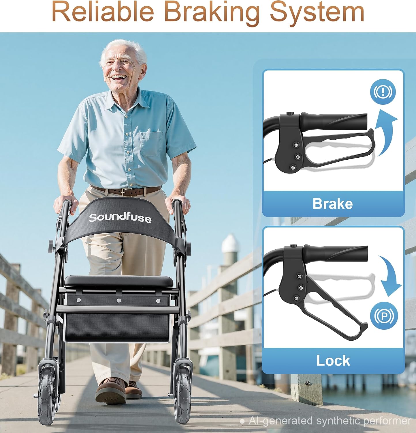 soundfuse Foldable Rollator Walkers for Seniors with Seat. 8'' PU Wheels | Ergonomic Padded Seat. Lightweight Aluminum Frame. Dual Height Adjustable. Rolling Walker with Big Storage Bag for Daily Use