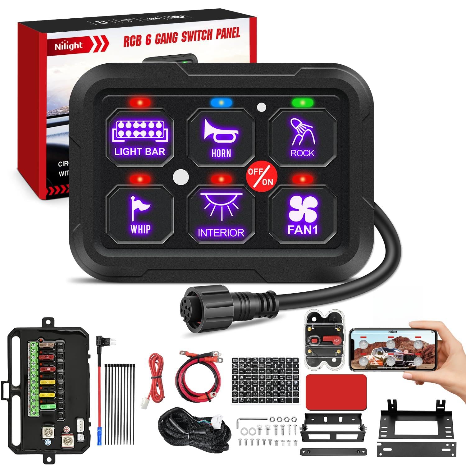 Nilight 6 Gang Switch Panel Relay System w/APP Control Automatic Dimmable | RGB Backlight Panel Circuit Control 1-side Output Fuse Wiring Harness ON Off LED Switch Pod for 12V 24V Car Truck Camper SUV