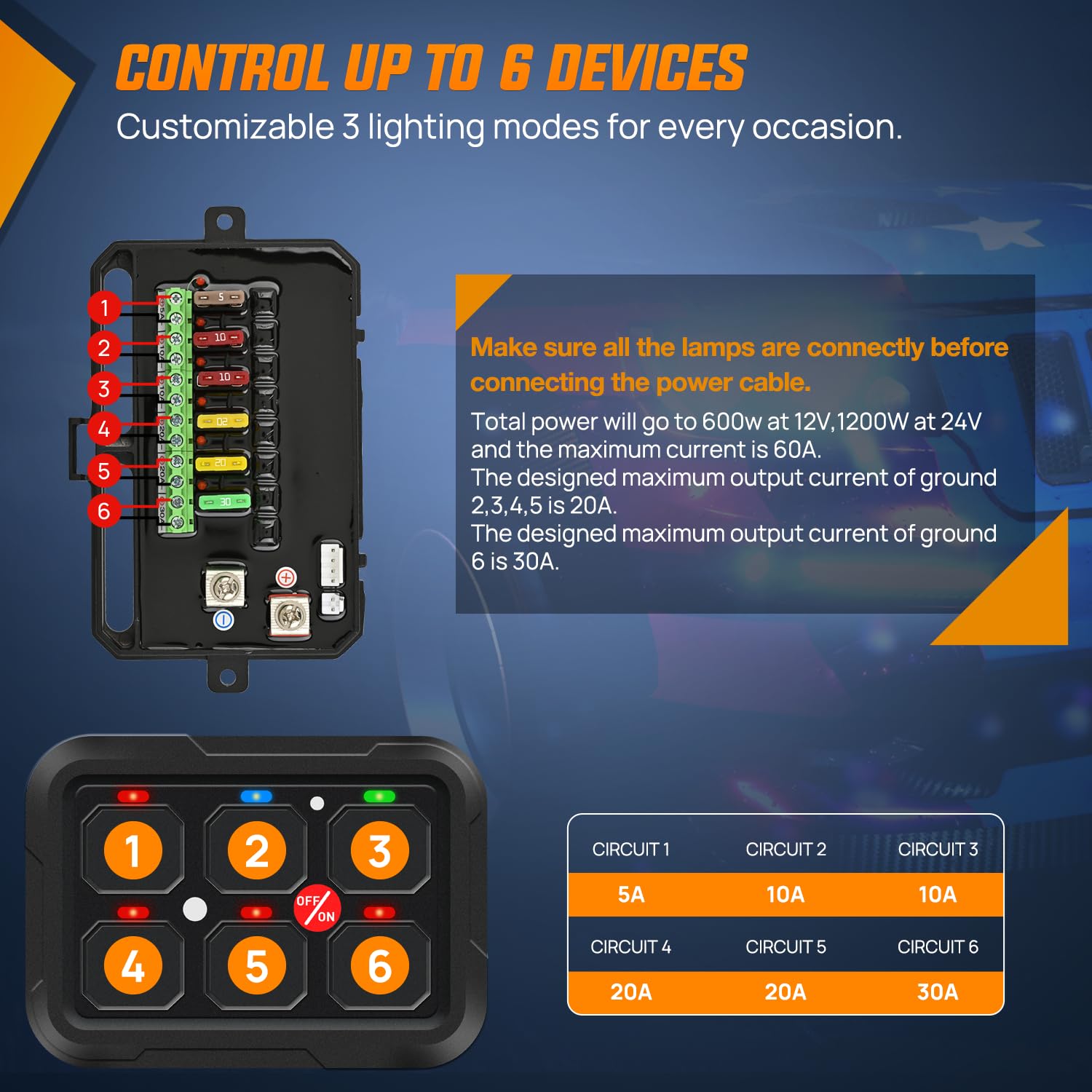 Nilight 6 Gang Switch Panel Relay System w/APP Control Automatic Dimmable | RGB Backlight Panel Circuit Control 1-side Output Fuse Wiring Harness ON Off LED Switch Pod for 12V 24V Car Truck Camper SUV