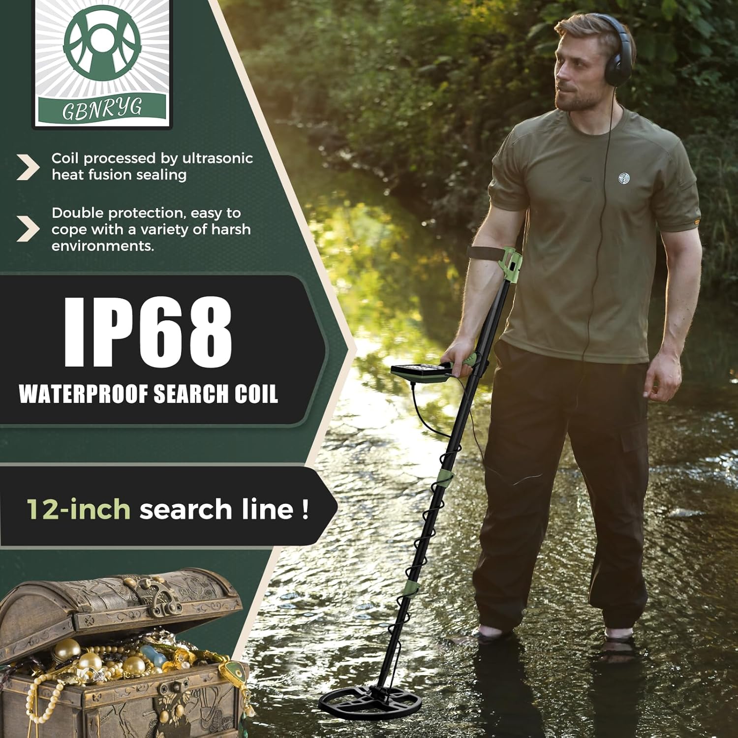 Gbnryg Professional Metal Detector for Adults.12 IP68 Waterproof Search Coil with LCD Backlight.5 Modes Gold Detector.Advanced DSP Chip&High Accuracy System for Beach/Gold Hunting
