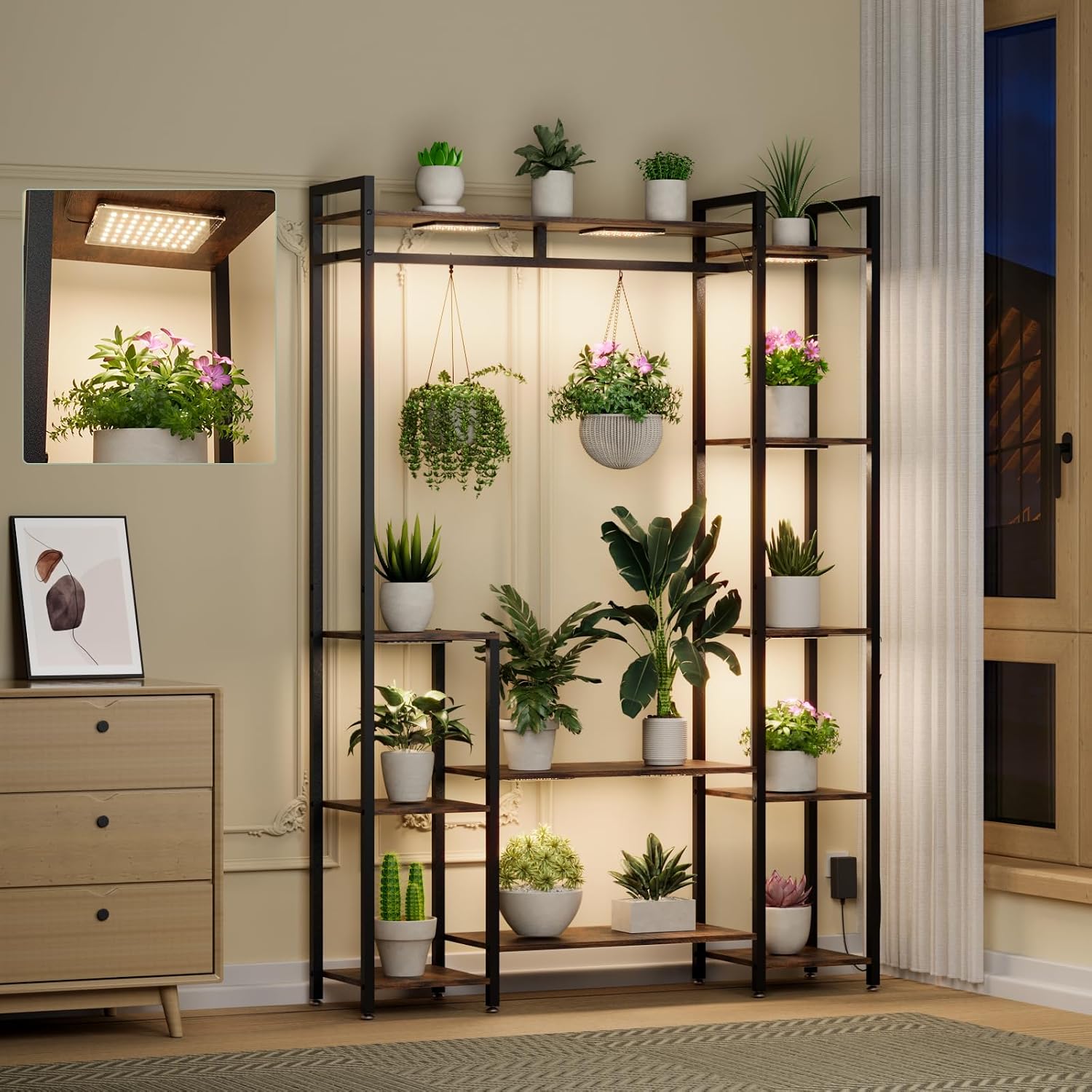 Plant Stand Indoor with Grow Lights 11 Tiered Wood Indoor Plant Shelf 62 Tall Plant Stand Metal Frame for Indoor Plants Multiple Flower Pot Holder. Large Plant Rack for Living Room Patio Corner