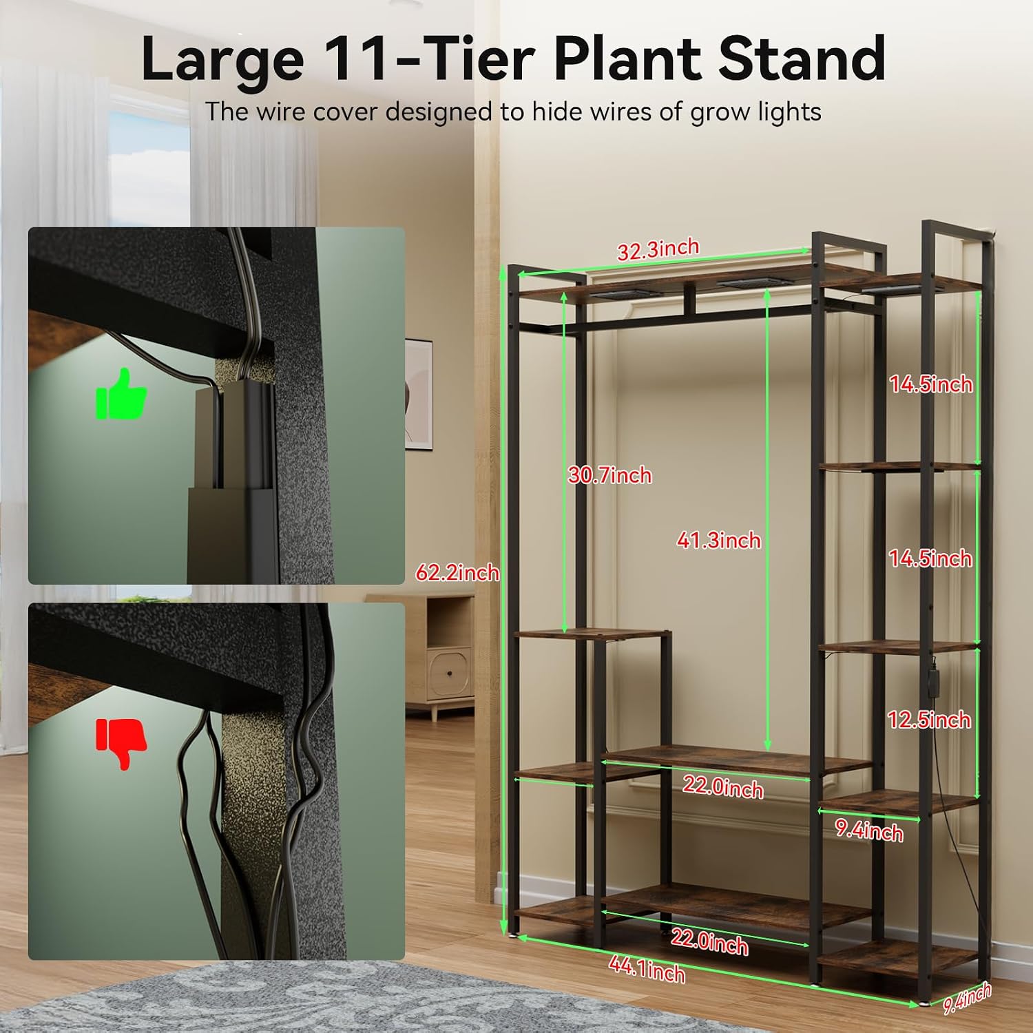 Plant Stand Indoor with Grow Lights 11 Tiered Wood Indoor Plant Shelf 62 Tall Plant Stand Metal Frame for Indoor Plants Multiple Flower Pot Holder. Large Plant Rack for Living Room Patio Corner