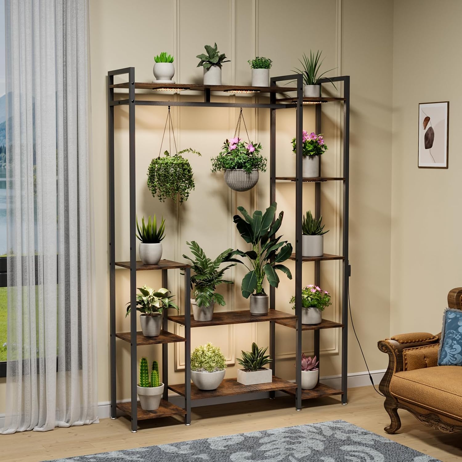 Plant Stand Indoor with Grow Lights 11 Tiered Wood Indoor Plant Shelf 62 Tall Plant Stand Metal Frame for Indoor Plants Multiple Flower Pot Holder. Large Plant Rack for Living Room Patio Corner