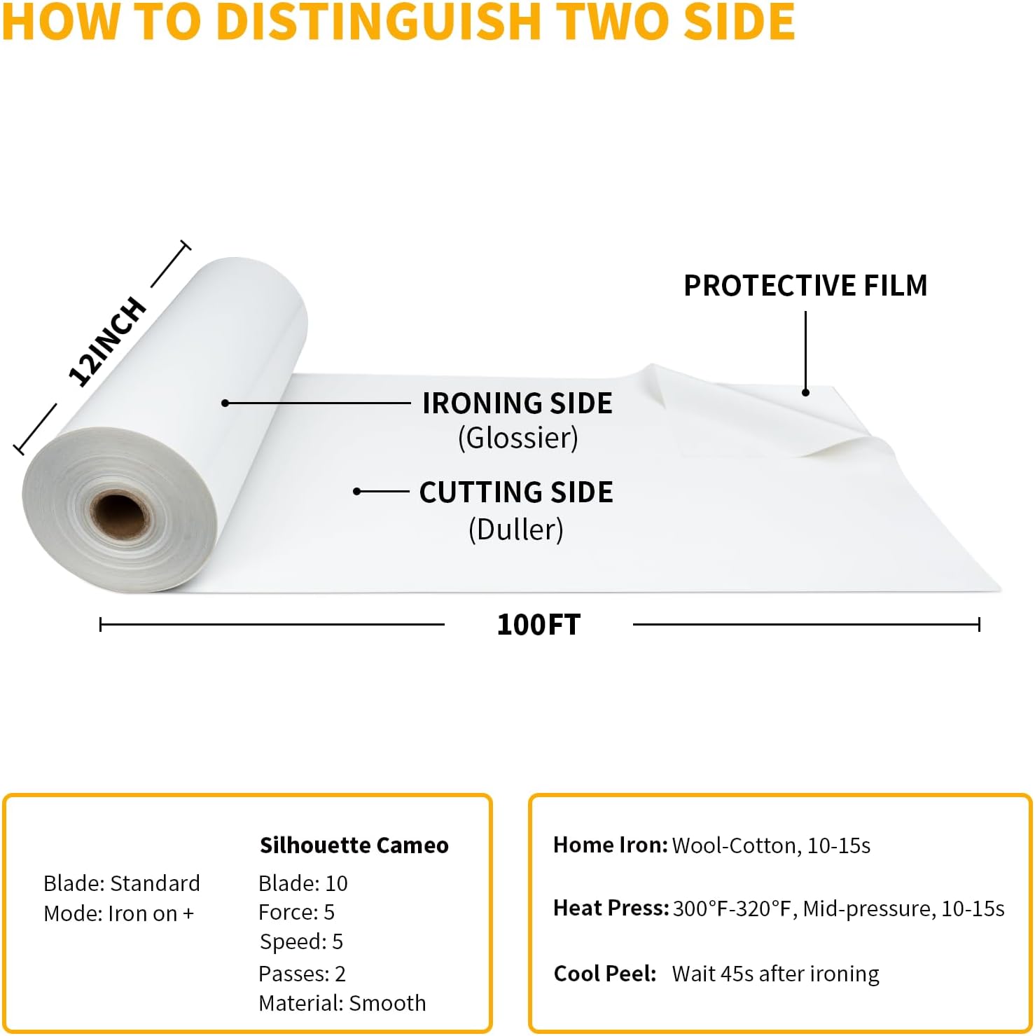 VinylRus Heat Transfer Vinyl-12 x 100ft White Iron on Vinyl Roll for Shirts. HTV Vinyl for Silhouette Cameo.Easy to Cut & Weed