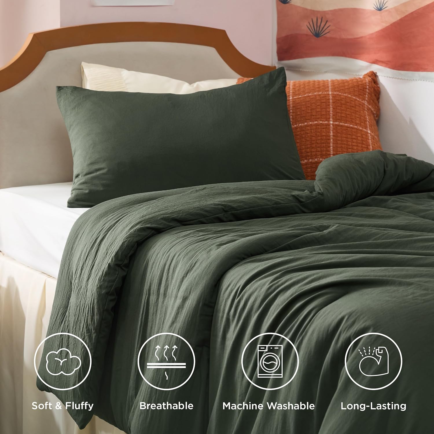 Bedsure Twin/Twin XL Comforter Set. Dark Green Soft Prewashed Bedding for All Seasons. 2 Pieces GentleSoft™ Bed Set. 1 Lightweight Comforter (68x88) and 1 Pillowcase (20x26)