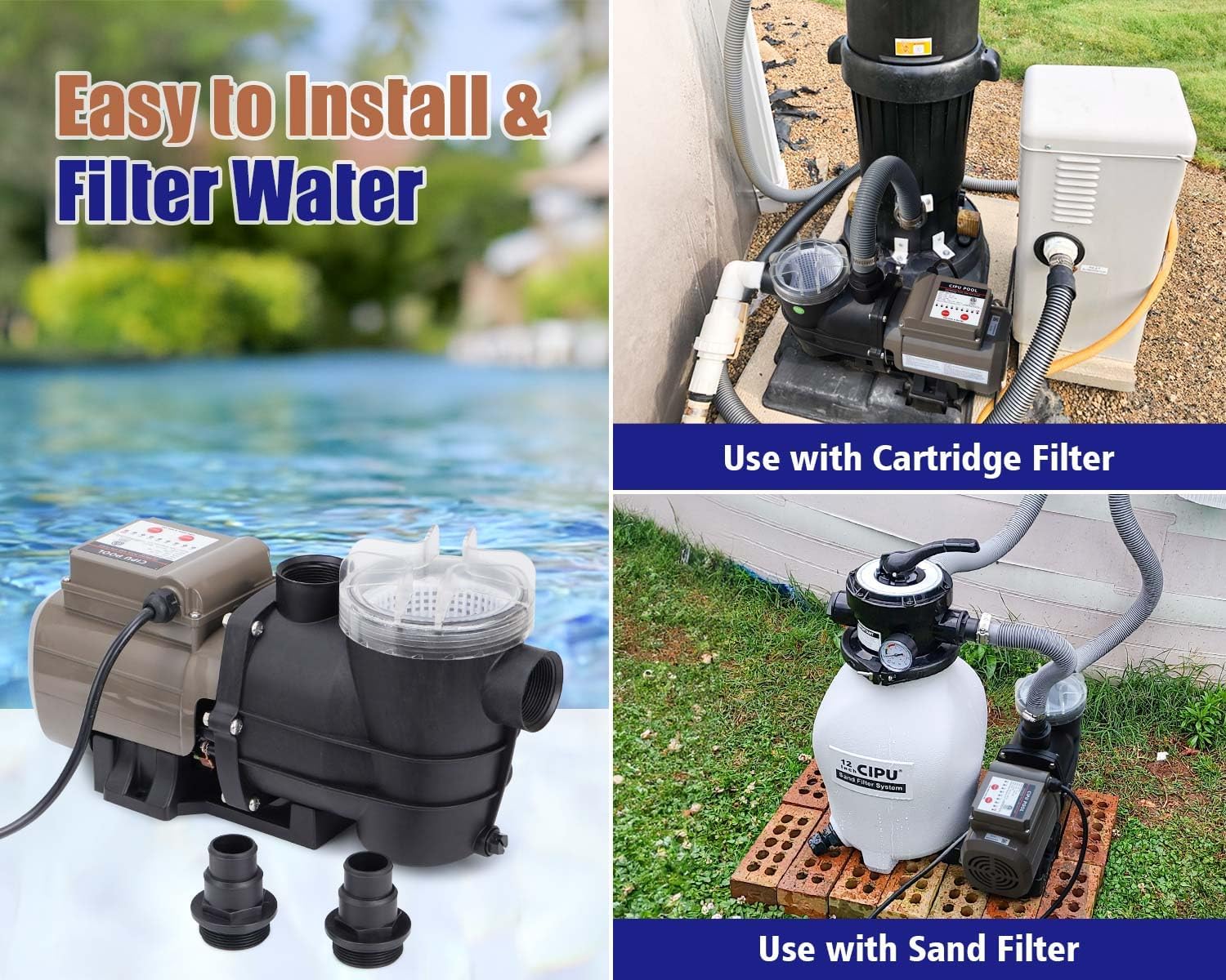 CIPU Pool Pump with Timer 2700GPH 115V Powerful Self Priming Above Ground Swimming Pool Pump 0.35HP with Filter Basket Low Noise for Pools Hot Tub Spa Water Circulation