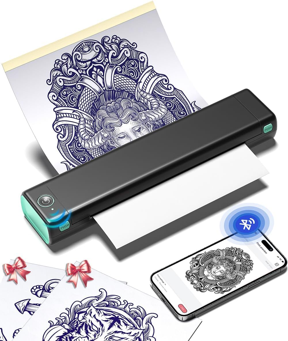 Phomemo M08F Tattoo Stencil Printer. Bluetooth. Wireless. Thermal. Portable | with 10pcs Transfer Paper. Compatible with Phone/Tablet/PC. for Tattoo Artists & Beginners. Black & Green