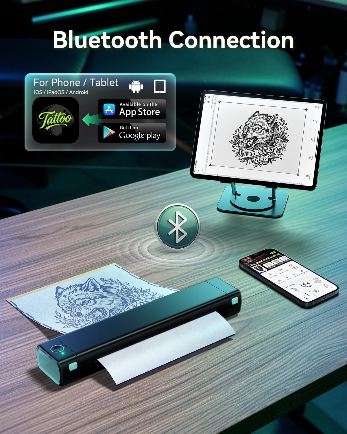 Phomemo M08F Tattoo Stencil Printer. Bluetooth. Wireless. Thermal. Portable | with 10pcs Transfer Paper. Compatible with Phone/Tablet/PC. for Tattoo Artists & Beginners. Black & Green