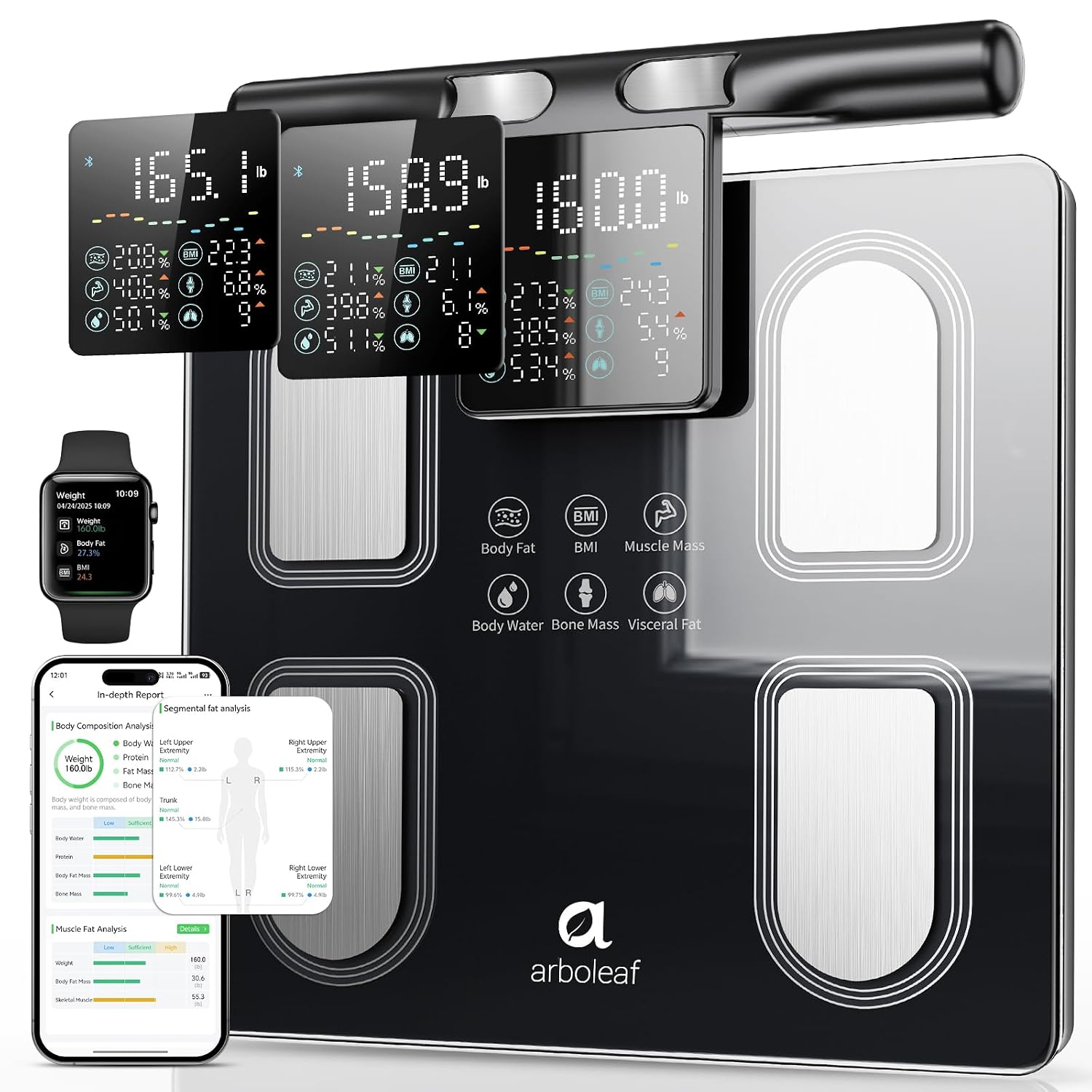 Arboleaf 8-Electrode Body Composition Scale with Handle Display. Black | Eye-level 5.3-inch Display. 50+ Body Metrics. Bluetooth App Sync. and 400 lb Capacity for Everyday Home Fitness Tracking