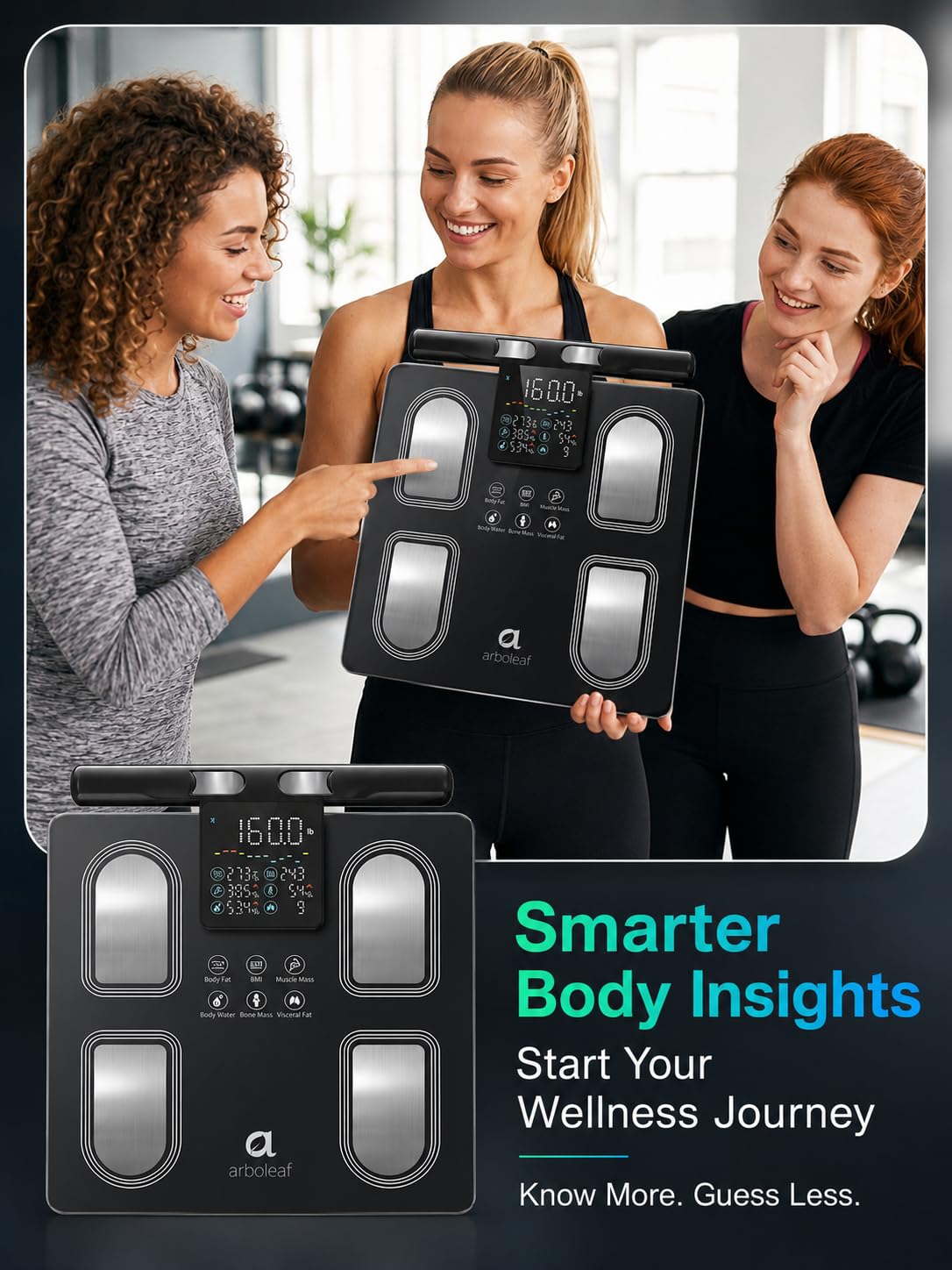 Arboleaf 8-Electrode Body Composition Scale with Handle Display. Black | Eye-level 5.3-inch Display. 50+ Body Metrics. Bluetooth App Sync. and 400 lb Capacity for Everyday Home Fitness Tracking