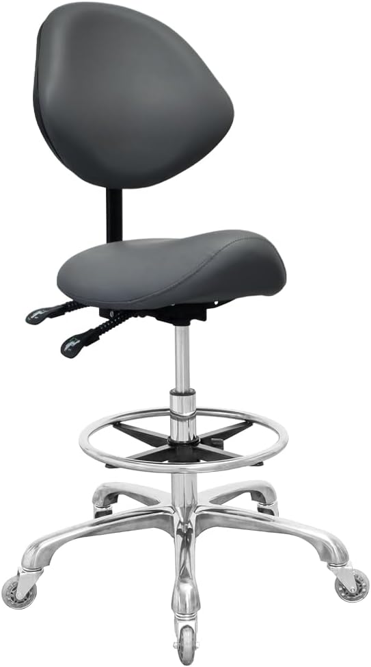 Nazalus Saddle Stool Chair with Back Support Footrest. Heavy-Duty(350LBS). Hydraulic Rolling Swivel Adjustable Stool Chair for Salon Spa Beauty Massage Dental Clinic Home Office Use(Grey)