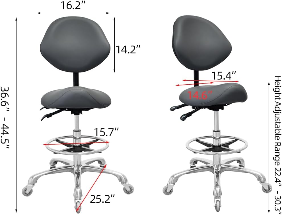 Nazalus Saddle Stool Chair with Back Support Footrest. Heavy-Duty(350LBS). Hydraulic Rolling Swivel Adjustable Stool Chair for Salon Spa Beauty Massage Dental Clinic Home Office Use(Grey)