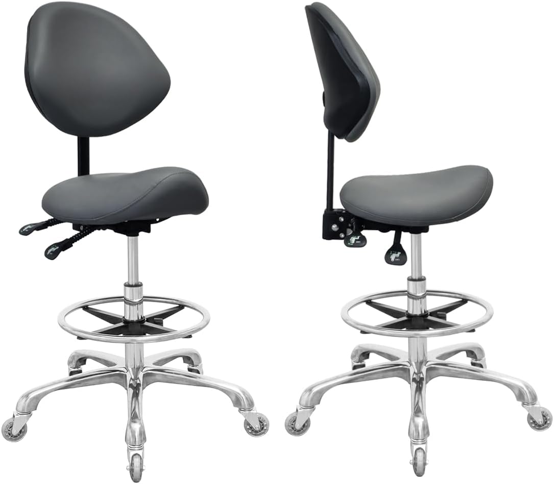 Nazalus Saddle Stool Chair with Back Support Footrest. Heavy-Duty(350LBS). Hydraulic Rolling Swivel Adjustable Stool Chair for Salon Spa Beauty Massage Dental Clinic Home Office Use(Grey)
