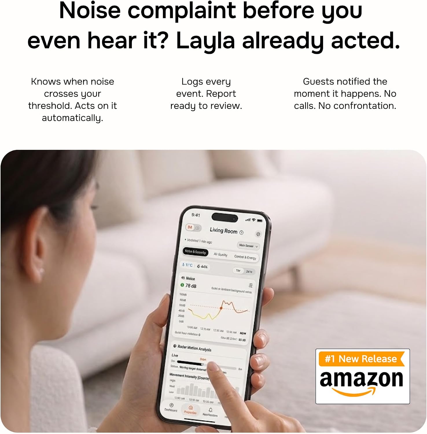 Layla Noise Monitoring Device for Airbnb. Rental. Office & Home | Noise & Occupancy Sensor with Radar-Based Motion Detection | Privacy-Safe Security Monitor | No Subscription