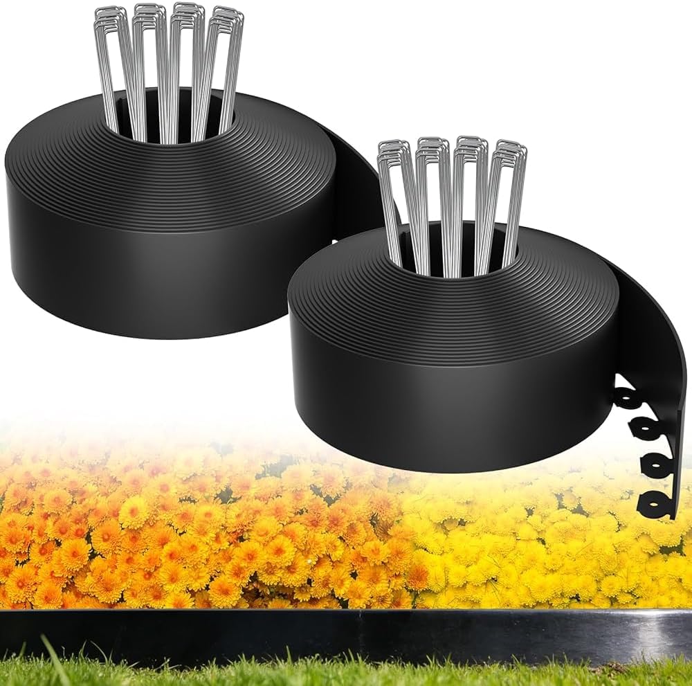 MIXC Garden Edging Border. 200FT (100FT 2Pack) 4 Inch Tall Plastic Landscape Edging with 300 U-Shaped Metal Stakes. More Stable and Flexible Tool-Free Lawn Border for Yard. Flower Bed & Landscaping