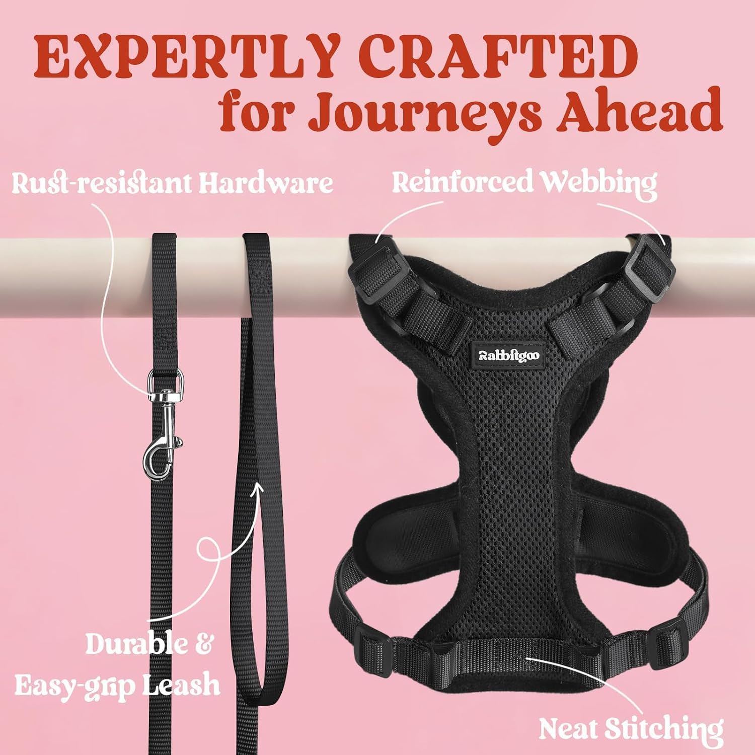 rabbitgoo Cat Harness and Leash Set. Escape Proof Vest. Black | Soft Breathable Mesh. Easy Adjustable Fit. Snap Buckles. Sturdy Clip. Reflective Strips. for Small & Average Cats Walks. Xs