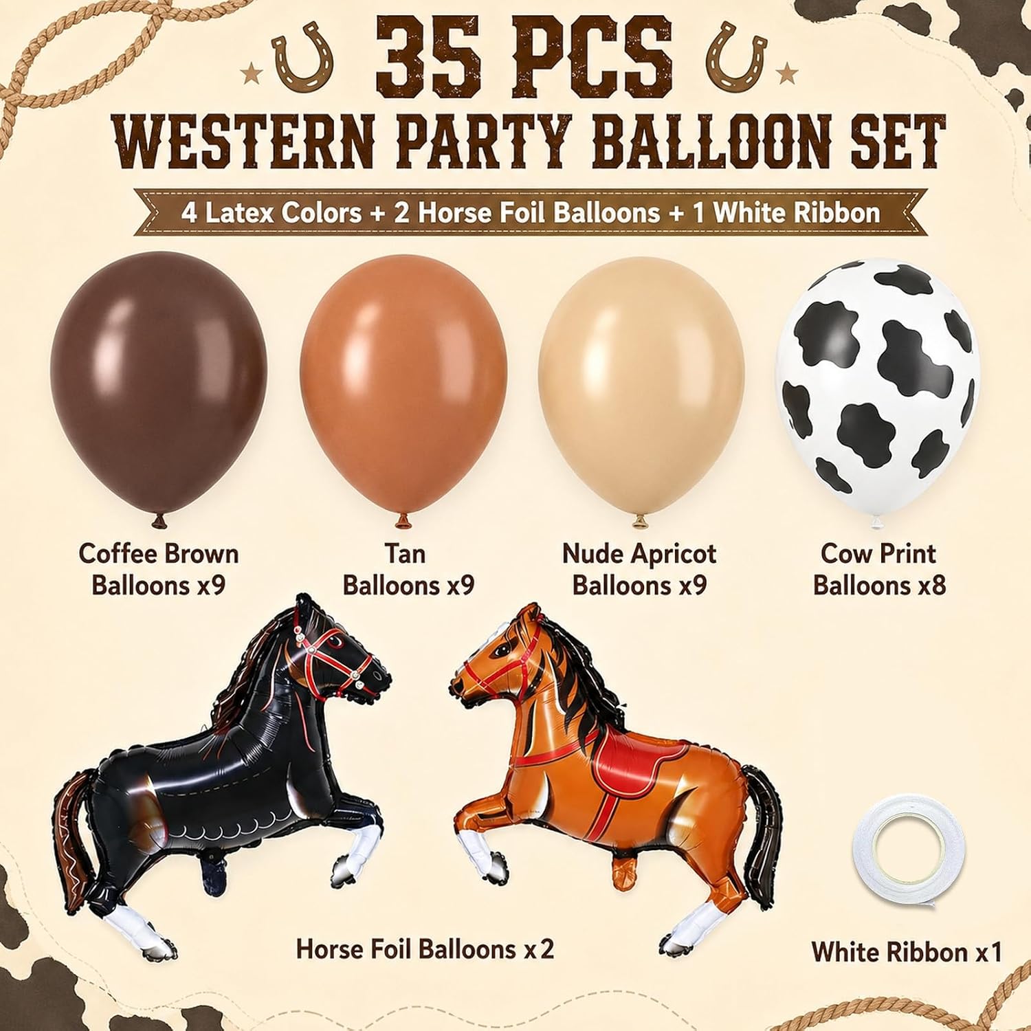 Brown Cow Balloons.Cowboy Western Birthday Decorations for Boys Party | Horse Foil Balloon Dark Coffee Brown Tan Apricot Nude Cow Print Latex Set for Cowboy Western Baby Shower Decorations