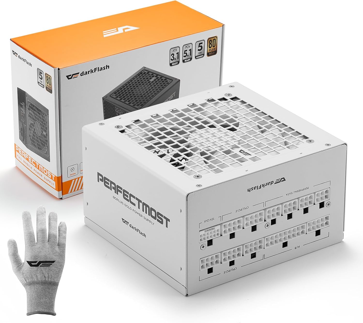 darkFlash PMT1250 Fully Modular Power Supply ATX 3.1& PCIe 5.1 Ready. 12VHPWR Cable Included. 100% Japanese 105°C Capacitors. 80 Plus Gold Gaming PSU. Compact 150mm Size. 5 Year Warranty(White)