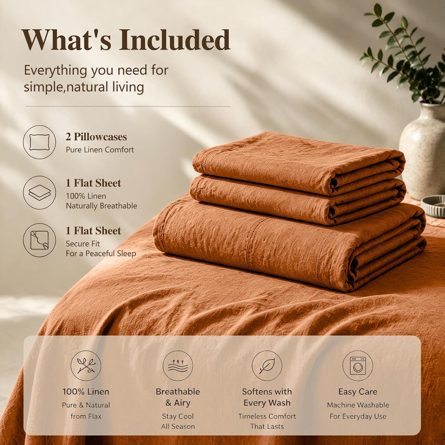 MEISHANG 100% French Linen Sheets California King.4 Pcs.18-24 Deep Pocket | Soft Durable Linen Sheets. Breathable. Anti-Tear. OEKO-TEX Certified. Easy Care Machine Washable
